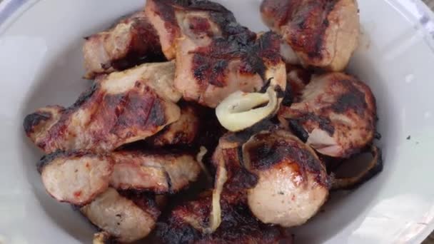 Barbacoa cocinada sobre fuego abierto con corteza dorada — Vídeo de stock
