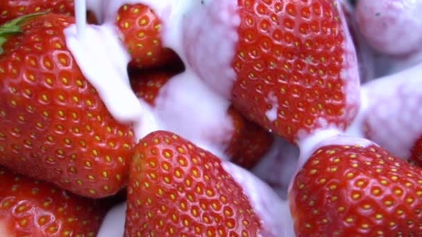 Ripe red strawberry mixed with yogurt slow motion video — Stock Video