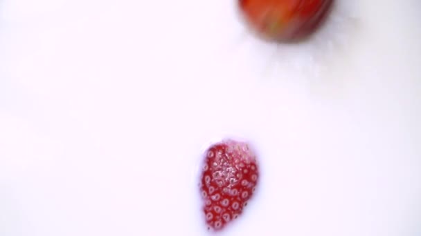 Красная спелая клубника падает в молоко замедленной съемки видео — стоковое видео
