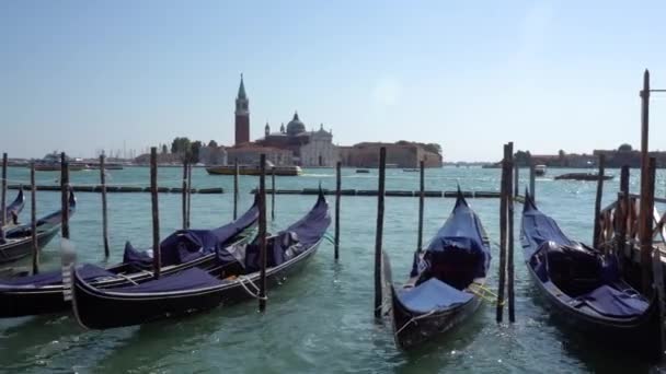 Europa. Italien. Venedig. Traditionella venetianska båtar står vid piren på morgonen på Grand Canal — Stockvideo