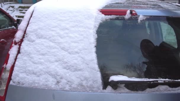 Czyszczenie samochodu ze śniegu. Slow motion jasny — Wideo stockowe