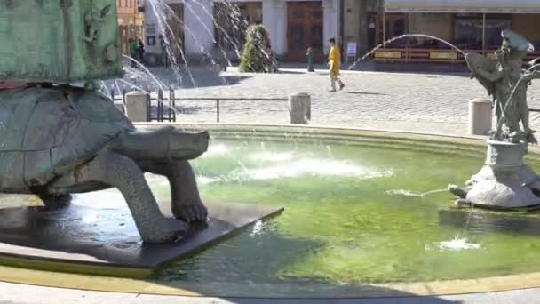 September 2018 Tschechische Republik. arionbrunnen auf dem oberen platz in olomouc — Stockvideo