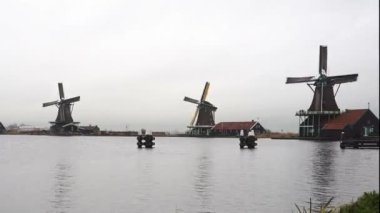 Amsterdam. Zaanse Schans Village. Winter rainy weather in the tourist village Zaanse Schans.