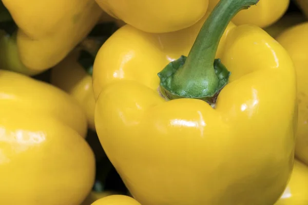 Background of sweet yellow pepper close-up on the store shelf