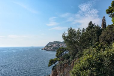 Güneş ve yeşil çam ağaçları ile Adriyatik Denizi 'nin güzel Plajı