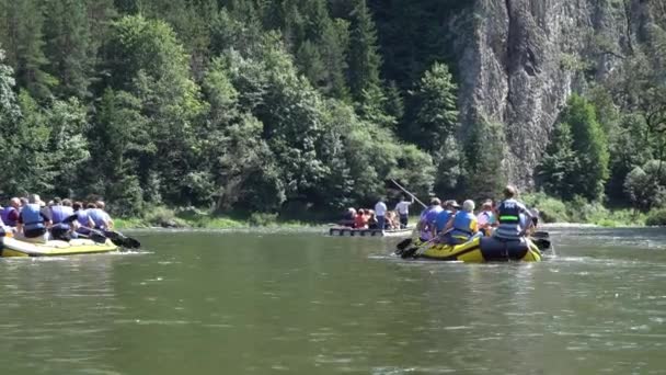 Polsko, řeka Dunajec, červen 2019. Rafting turisté na lodích na řece — Stock video