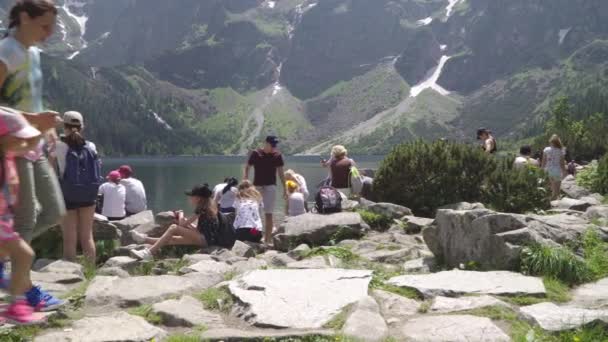 ポーランド、ザコパネ、タトラス2019年6月。山の湖の海の目の海岸の観光客 — ストック動画