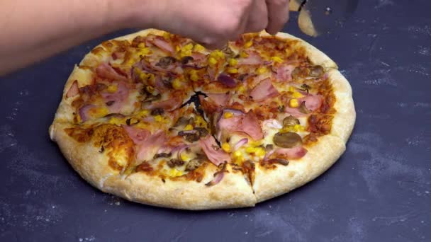 Skära italienska pizza på bordet — Stockvideo