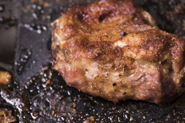 yakın kapatın. Makro. Baharatlı tavada kızartılmış et