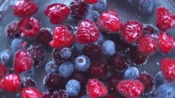 Frische Blaubeeren Himbeeren und Kirschen in klarem Wasser — Stockvideo