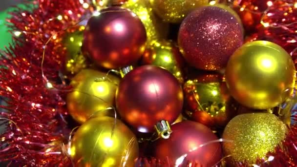 Close View Shiny Red Golden Christmas Balls Decoration Holiday Background — Stock Video