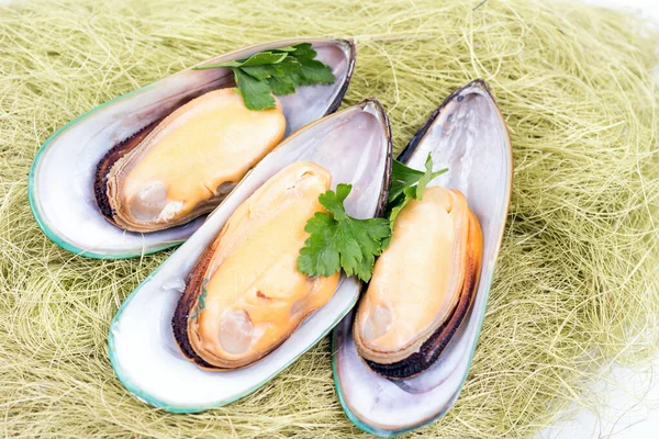 Gekookte grote mosselen met peterselie — Stockfoto