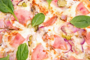 Kapat. Peynirli ve salata soslu pizza.