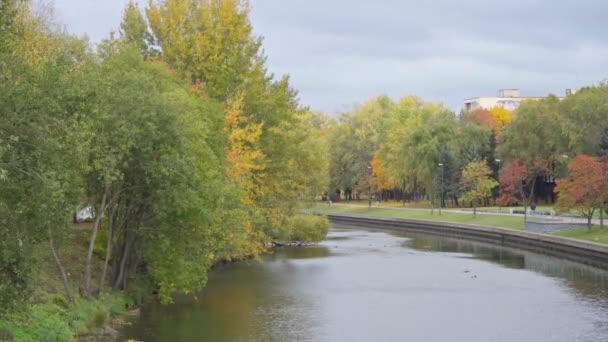 Vista nel tempo nuvoloso sul fiume nel parco della città — Video Stock