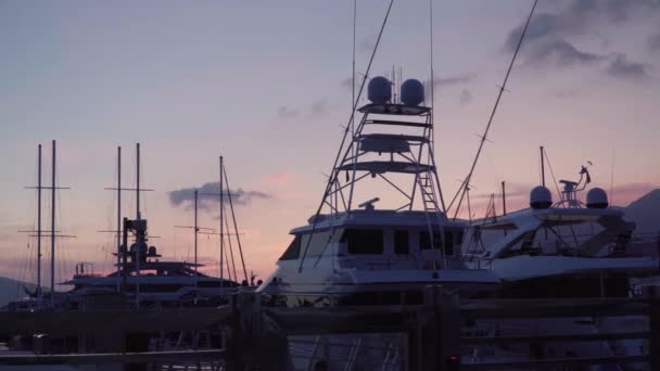 Solnedgång över båtarna. Yachter i hamnen i Tivat. Porto Montenegro — Stockvideo