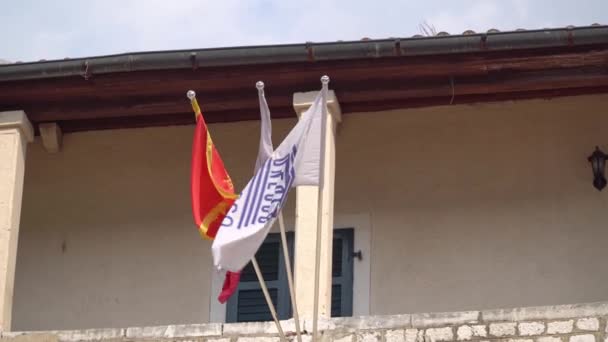 Котор, Чорногорія. Державний чорногорський прапор і прапор міста пролітають над входом у старе місто. — стокове відео