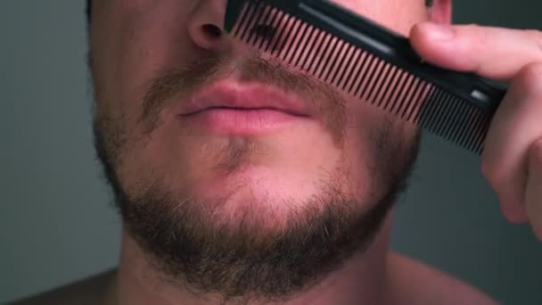 Mann kämmt seinen Schnurrbart mit Kamm in Großaufnahme — Stockvideo