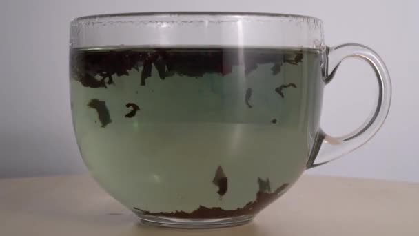 Tea brewing. close-up view of a transparent glass with tea — Stock Video