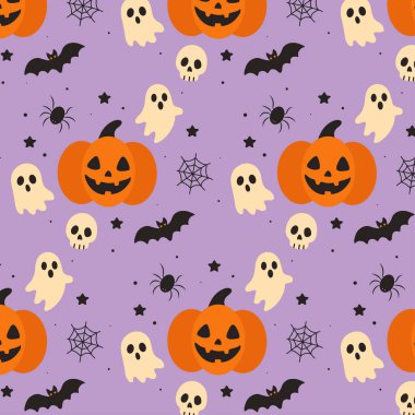   Seamless Halloween pattern with pumpkins, ghosts, skulls, bats, spiders, cobwebs, and stars. Cute holiday design for packaging, textiles, and decorations.