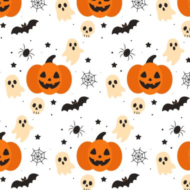   Seamless Halloween pattern with pumpkins, ghosts, skulls, bats, spiders, cobwebs, and stars. Cute holiday design for packaging, textiles, and decorations.