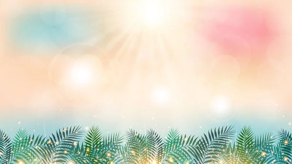 夏季时节 沙滩上阳光普照 绿色棕榈叶采光效果背景 矢量说明 — 图库矢量图片