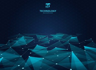 Soyut teknoloji mavi renk üçgenleri ve düşük çokgen çizgiler yapı perspektifini şebeke arka planına bağlıyor. Vektör illüstrasyonu