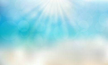 Yaz mevsimi kumsalda, gün ışığı mavi gökyüzü arka planında. Vektör illüstrasyonu