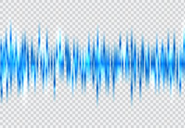 Şeffaflık arka planında parlayan soyut mavi ses dalgası elemanları. Teknoloji dijital eşitleyici. Vektör illüstrasyonu