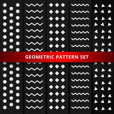 Siyah arkaplanda beyaz geometrik desen seti. Vektör illüstrasyonu 