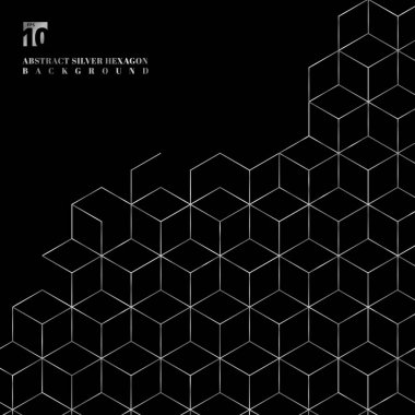 Siyah arka planda gümüş altıgenler sınır deseni. Geometrik şekiller, broşür, broşür, el ilanı, kart, kapak ve düğün davetiyesi, poster, afiş, baskı, reklam için platin renk unsurları şablonu