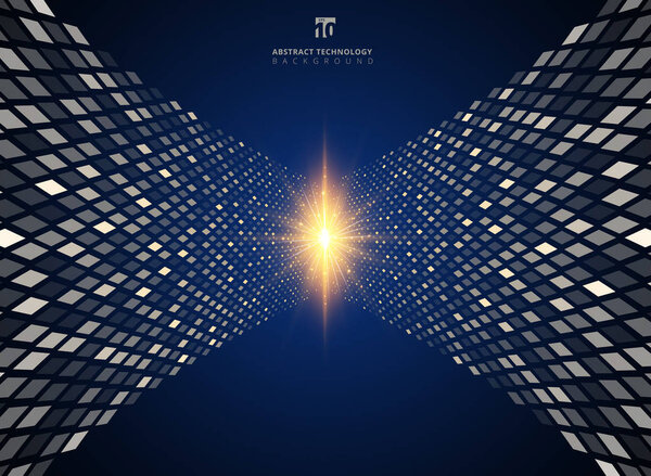 Abstract technology data sorting smart system perspective on blue background. Integration big data. Squares pattern. The explosion of light. Vector illustration