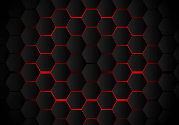 Modèle hexagonal noir abstrait sur fond néon rouge technologie — Image vectorielle