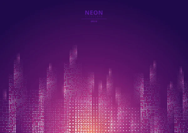 Paisaje urbano sobre un fondo oscuro con purpa de neón brillante y brillante — Vector de stock