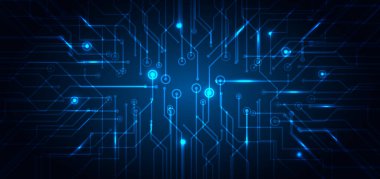 Soyut teknoloji fütüristik konsept koyu arkaplanda parlayan elektronik devre mavi. Teknolojik yapı bilgisayar işi. Vektör illüstrasyonu