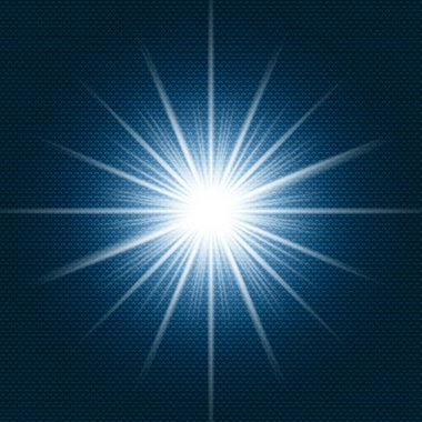 Koyu mavi arkaplanda ve sembol desenli desende ışınlar ile parlayan yıldız ışığı. Vektör illüstrasyonu