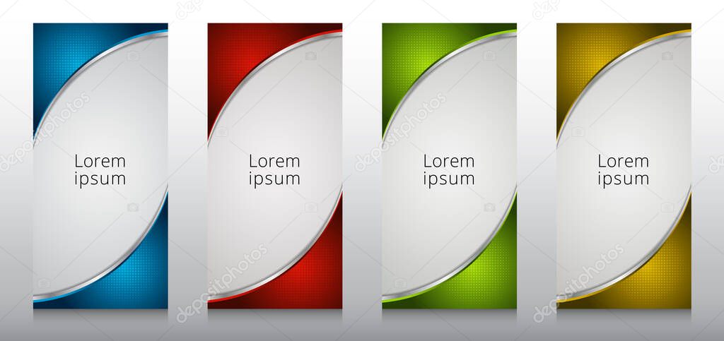 Set of roll up banner stand template design 3D dimension curve with radial halftone frame isolated on white background. Vector illustration