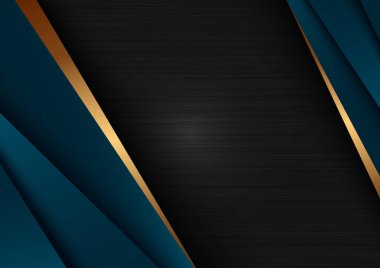 Siyah arka planda koyu mavi lüks şablon, geometrik üçgen desenli ve altın çizgili çizgiler. Vektör illüstrasyonu