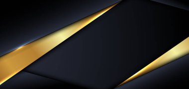 Soyut pankart tasarımı, koyu ve gölgeli arka planda üst üste binen modern lüks mavi ve altın üçgenleri tasvir eder. Vektör illüstrasyonu