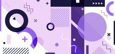 Soyut asgari geometrik desen mor memphis tarzı beyaz arka plan. Pankart web tasarımı, sunum, poster, kapak broşürü, şür vs. için kullanabilirsiniz. Vektör illüstrasyonu