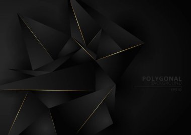 Altın çizgili soyut siyah geometrik çokgen form arkaplanı. Lüks bir şekilde. Düşük polyester üçgen desen ve altın çizgiler. Vektör illüstrasyonu