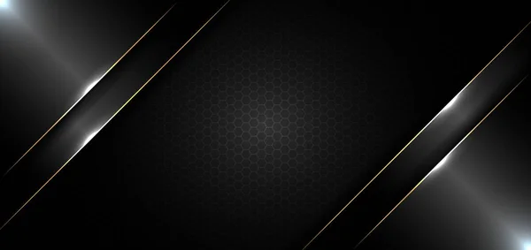 Abstract Banner Design Sjabloon Zwart Glanzend Met Gouden Lijn Lichteffect — Stockvector