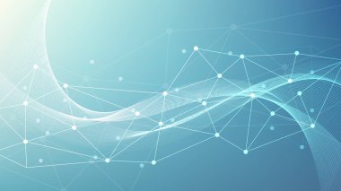 Mavi ve beyaz akış çizgileri ve sağ tarafındaki ağ noktaları dijital iletişimi, küresel bağlantıyı ve yeniliği simgeleyen soyut fütüristik teknoloji arka planı