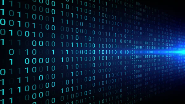 soyut dijital sanat eserleri, sağ taraftaki ışık ile siber uzayda veri hareketi yeniliği ve teknolojik gelişmeyi simgeleyen karanlık bir arkaplan boyunca akan çift yıldızlı kodları gösteriyor.