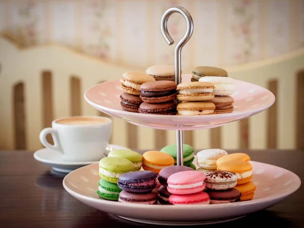 Macaroon Selection Cake Stand Cappuccino — Stock Photo, Image