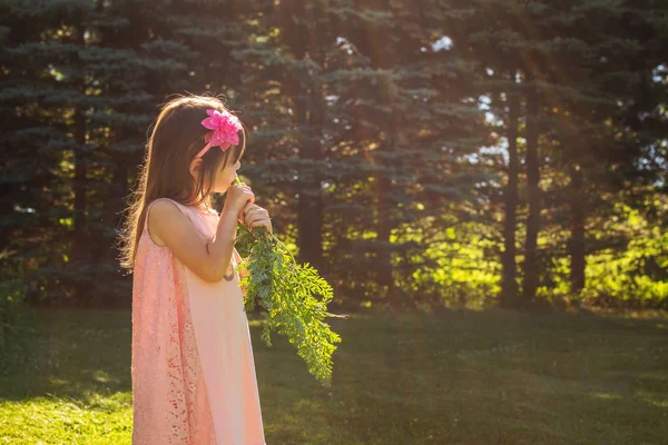 Mädchen Steht Garten Und Isst Eine Frisch Gepflückte Möhre — Stockfoto