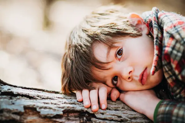 Portret Van Een Jongen Liggend Een Boomstam Het Bos — Stockfoto