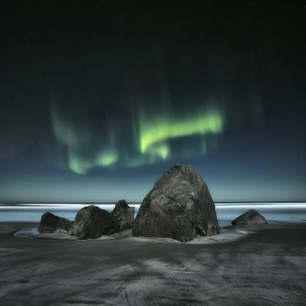 Vista Panoramica Delle Maestose Aurore Boreali Lofoten Norvegia — Foto Stock