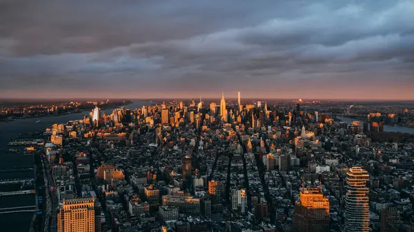 Panoramę Miasta Zachodzie Słońca Manhattan Nowy Jork Ameryka Usa — Zdjęcie stockowe