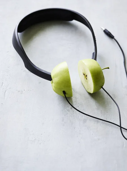 Closeup View Conceptual Headphones Apple — Stock Photo, Image