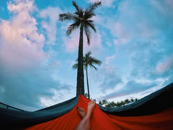 ハンモック オアフ島 ホノルル ハワイ アメリカ 米国でリラックスした女性のトリミングされた画像 — ストック写真